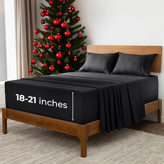 Mellanni Extra Deep Split King Sheets - 5 PC Iconic Collection Bedding - Hotel Luxury, Ultra Soft, Cooling Bed Sheets - Wrinkle, Fade, Stain Resistant (Split King, Black)