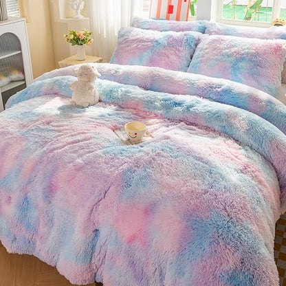 chovy Faux Fur Plush Tie-Dyed Blue Comforter Sets Twin/Full Size - Ultra Soft Shaggy Flannel Velvet Fluffy Fuzzy 3PC Bedding Set （Comforter x 1 Pillowcases x 2）