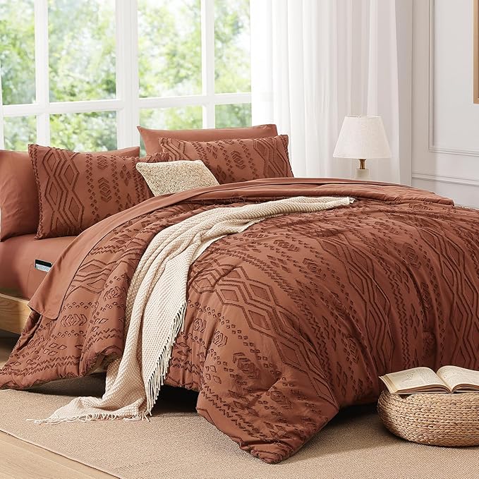 King Size Comforter Set Autumn Leaf, Tufted Boho Bedding Farmhouse Bed Set, All Season 7 Pieces Bed in a Bag with Sheets, Pillowcases & Shams