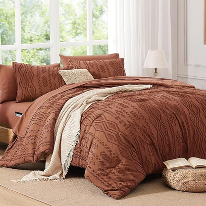 King Size Comforter Set Autumn Leaf, Tufted Boho Bedding Farmhouse Bed Set, All Season 7 Pieces Bed in a Bag with Sheets, Pillowcases & Shams