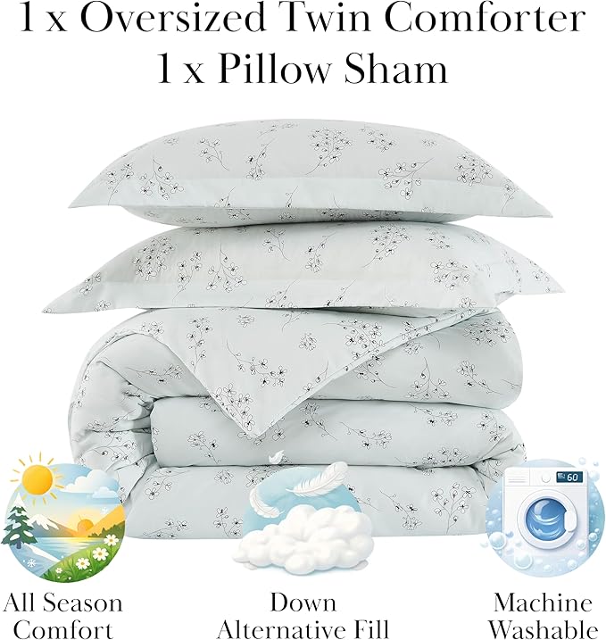 Southshore Fine Living, Inc. Twin Comforter Set, All-Season Floral Down Alternative Comforter with Matching Pillow Sham, Floral Coverlet, Soft Bedspread for Twin/XL Bedding, Sweet Florals Blue