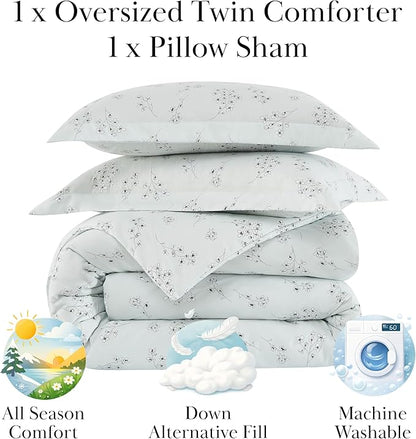 Southshore Fine Living, Inc. Twin Comforter Set, All-Season Floral Down Alternative Comforter with Matching Pillow Sham, Floral Coverlet, Soft Bedspread for Twin/XL Bedding, Sweet Florals Blue