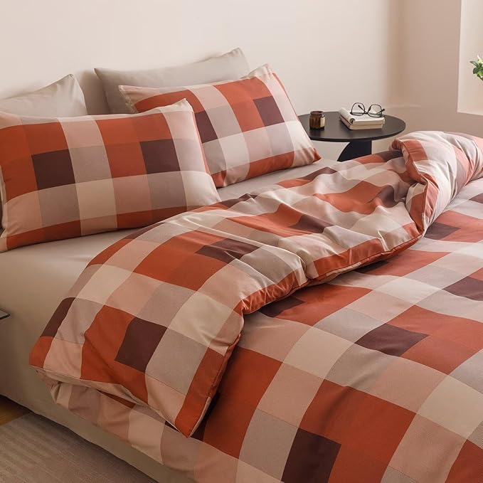 Houseri Red Plaid Comforter Set California King Vintage Grid Bedding Sets