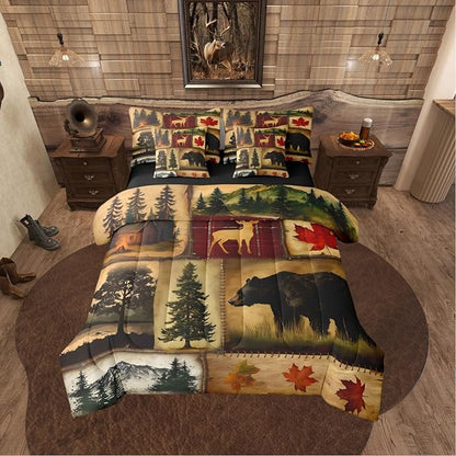 Erosebridal Rustic Farmhouse Comforter Set 7 Pcs Full,Retro Cabin Lodge Down Comforter,Hunting Bear Deer Bed in a Bag,Country Maple Leaves Duvet Insert,Rustic Woodland Pine Tree Sheets,Red Brown