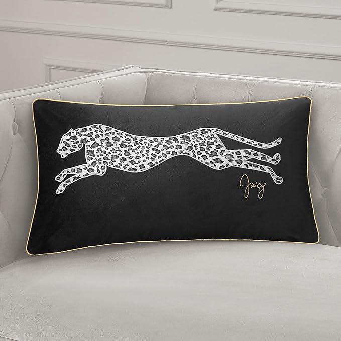 Juicy Couture Reversible Velvet Cheetah Pillow, 14" x 24" Decorative Pillow, Black
