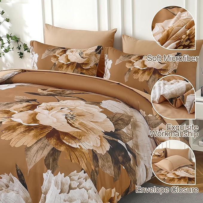 Dobuyly Brown King Size Comforter Set 7 Piece Bed in a Bag, Floral Printed on Brown Comforter Set with Sheets, Soft Microfiber Botanical Fall Complete Bedding Set for All Season