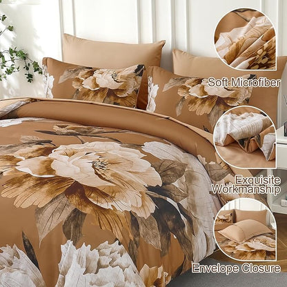 Dobuyly Brown King Size Comforter Set 7 Piece Bed in a Bag, Floral Printed on Brown Comforter Set with Sheets, Soft Microfiber Botanical Fall Complete Bedding Set for All Season