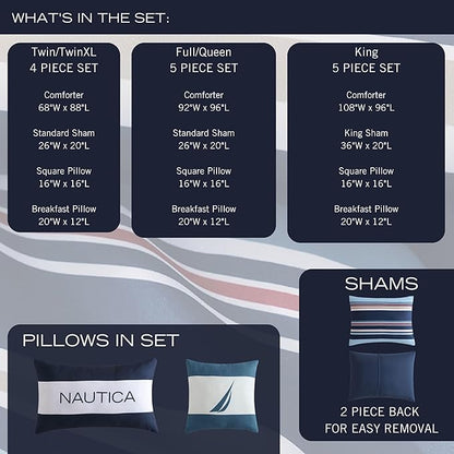 Nautica - Queen Comforter Set, Soft Woven Bedding with a Lightweight for Year Round Comfort, 5 Piece Bed Set with Matching Pillowcases & Bonus Throw Pillows (Colton Blue)