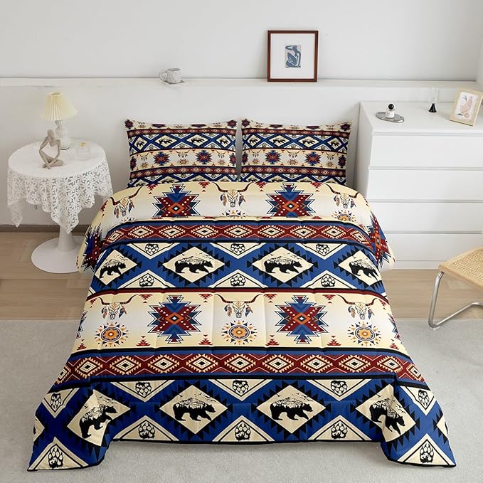 Erosebridal Black Bear Bedding Sets Exotic Bull Skull Western Comforter Set King,Ethnic Tribe Arrow Aztec Quilt Tribal Geometric Diamond Duvet Insert,Woodland Animals Boho Western Decor,Red Blue