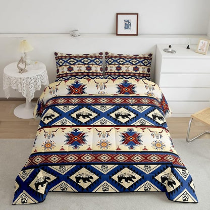 Erosebridal Black Bear Bedding Sets Exotic Bull Skull Western Comforter Set Queen,Ethnic Tribe Arrow Aztec Quilt Indian Tribal Geometric Diamond Triangle Duvet Insert,Bohemian Western Decor,Red Blue