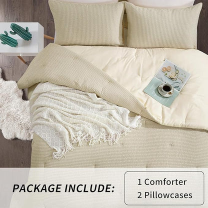 HOMBYS 3 Piece Seersucker Oversized King Comforter Set 128x128, Breathable Beige Soft Comforter Set, Lightweight Down Alternative Comforter, Bedding Comforter Sets with 2 Pillow Shams for All Season