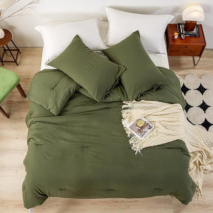 Ultra-Soft Cozy Polycotton Full Bedding Set - Comfy Fluffy Down Alternative Comforter Full Size with 2 Pillow Case - Lightweight but Warm Bed Blanket All Season Use - Dark Olive Green