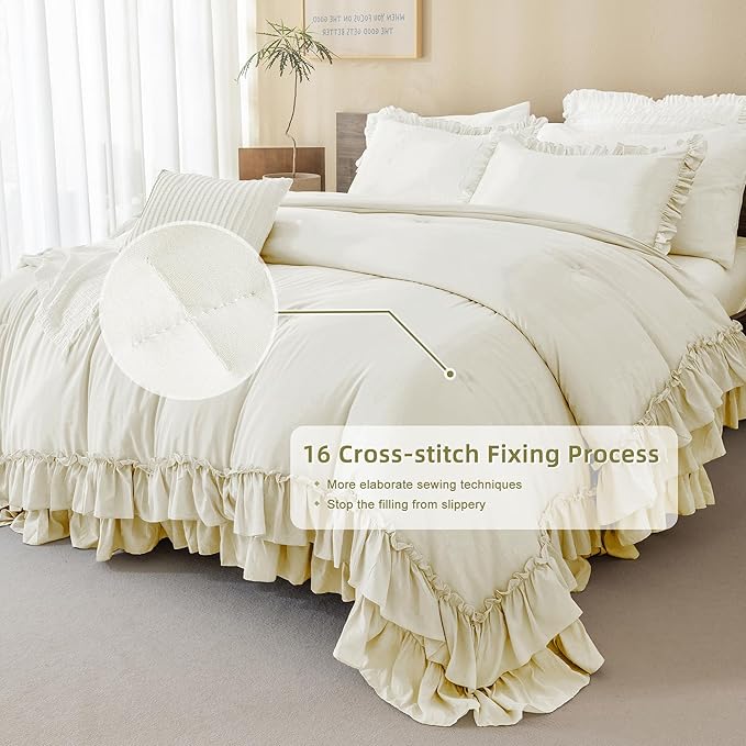 QSH Ruffle Comforter Set King Size, Shabby French Country Chic Bedding Ivory Comforter Sets, 3 Pieces Farmhouse Lightweight Boho Comforter Set for Bed, Ultra Soft Microfiber Fluffy Bedding