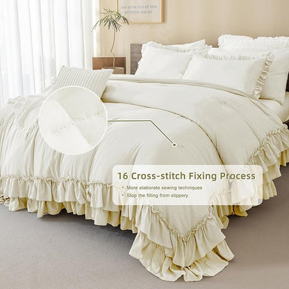 QSH Ruffle Comforter Set King Size, Shabby French Country Chic Bedding Ivory Comforter Sets, 3 Pieces Farmhouse Lightweight Boho Comforter Set for Bed, Ultra Soft Microfiber Fluffy Bedding