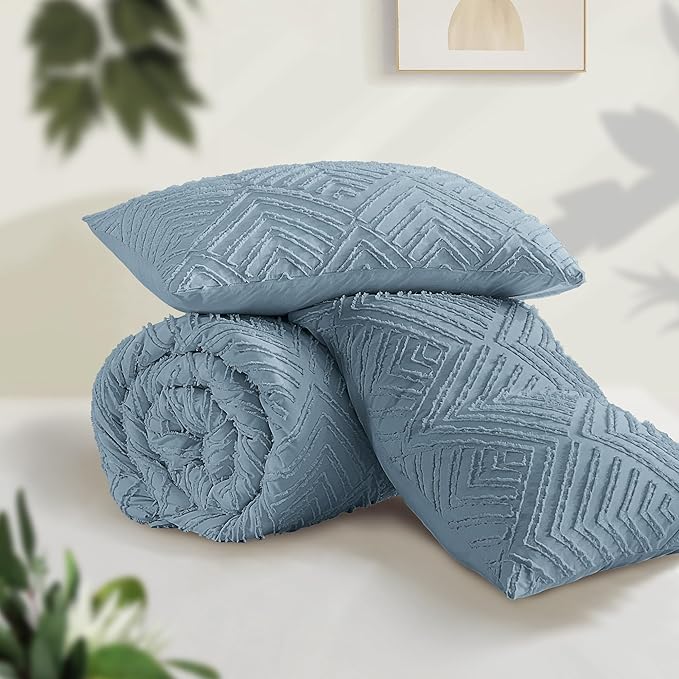 Andency Greyish Blue Oversized King Comforter 120''x120'', 3 Pieces Super King Soft Boho Bedding Set & Collections, Farmhouse Tufted Fluffy Bed Set for All Seasons (1 Comforter, 2 Pillowcases)