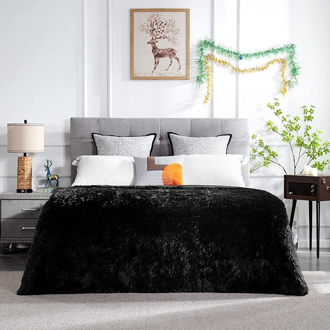 JONIYEAR Extra Large Decorative Fluffy Faux Fur Blanket Full Size for Bed 71" x 80", Soft Luxury Big Lightweight Furry Blankets, Accent Cozy Shaggy Plush Thick Fuzzy Warm Blanket for Winter, Black
