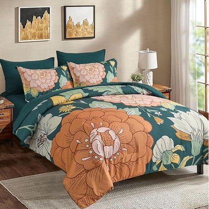 DJY 7 Pieces Green Floral Comforter Set Bed in a Bag Queen, Boho Botanical Comforters Sets with Sheets Set, Soft Microfiber Farmhouse Bedding Set for All Season(90''x90'')