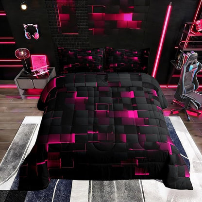 Erosebridal Black Hot Pink Comforter Set King Neon Geometric Checkered Bedding Set for Girls Teen Women Abstract Stereoscopic Grids Quilt Square Plaid Bed Set 3 Pcs Gamer Room Decor