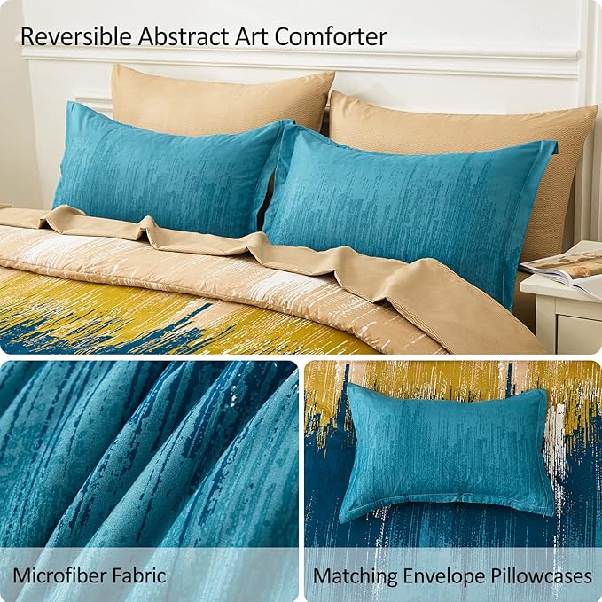 WONGS BEDDING Teal Comforter Set Queen,7 Pieces Bed in a Bag Colorful Abstract Art Gradient Comforter Soft Microfiber Bedding Set with Comforter, Flat Sheet, Fitted Sheet, Pillow Shams,Pillowcases