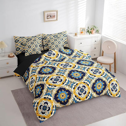 Erosebridal Oriental Bedding Twin Size 7pcs Vintage Comforter Set, Art Deco Patchwork Bedding Comforter Sets Colorful Buffalo Bed in a Bag, Geometric Plaid Grid Bedding Accessories Exotic Style Decor