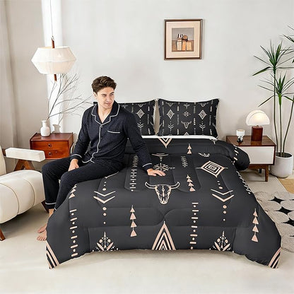 Bull Skull Comforter Set King Boho Bedding Ethnic Horns Bohemian Bedding Comforter Sets Black Brown Tribal Symbol Mysterious Aztec Bedroom Decor Abstract Geometric Duvet Insert for Men Boys