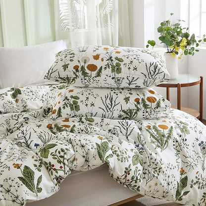 Green Comforter Set King, 100% Cotton Reversible Floral Pattern Comforter Set 3 Pcs Soft Cotton Lightweight Comforter All Season Soft & Breathable Green Bedding Set