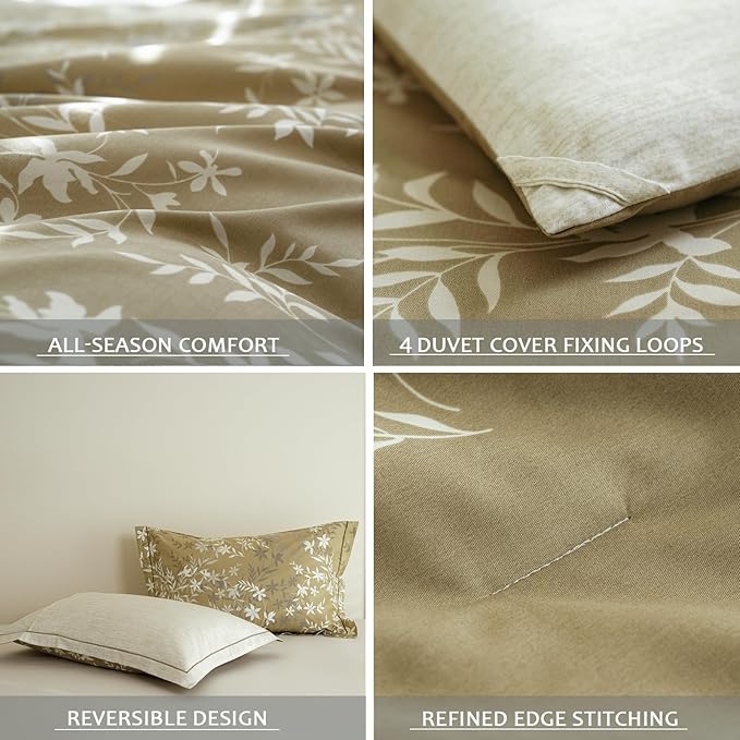 King Size Gradient Cotton Comforter Set, 3Pcs Flower Print Botanical Duvet for All Seasons, Luxury Warmth Breathable Bedding Set with 1 Lightweight Comforter and 2 Pillow Shams