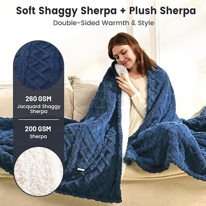 Heated Blanket Electric Queen Size - 84"x90" Electric Blanket with Dual Control, 9 Heat Levels and 1-10 Hours Timer, Soft Jacquard Fleece & Sherpa Washable, Great Gift Idea - Navy Blue