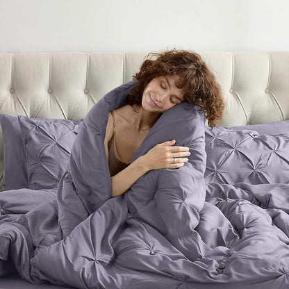 Nestl California King Comforter Set 7 Piece - Pintuck Cal King Comforter Set Grayish Purple, California King Bed in a Bag, All Season Bed Set with Flat Sheet and Fitted Sheet, Pillowcases and Shams