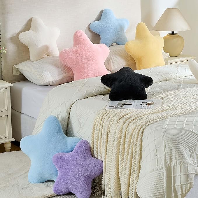 Star Pillow 15.7" Pink Star Shaped Decorative Throw Pillow for Couch Bed Aesthetic Plush Floor Seating Cushions with Soft Faux Rabbit Fur for Sofa Bedroom Living Room