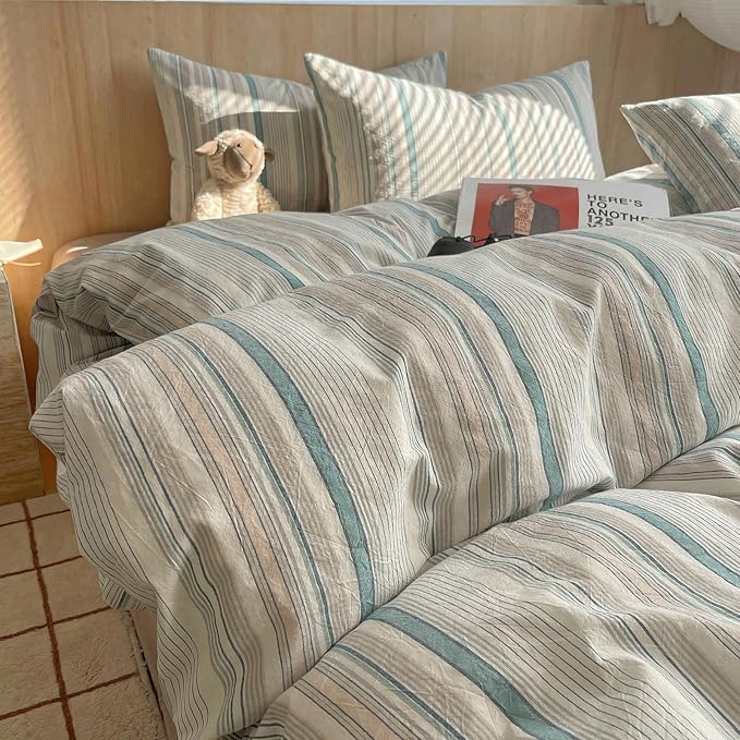 HighBuy Striped Comforter Set Twin XL - 100% Washed Cotton Grey Green Stripes Comforter with 2 Pillowcases,Pinstripe Stripes Printed Bedding Set Fluffy Soft,3 Pieces Comforter Sets All Season