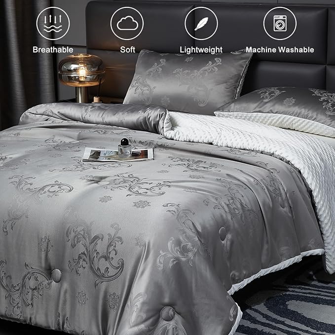 Jacquard Comforter Set - Luxury Warm Paisley Floral Pattern Full Size Bedding with 2 Pillowcases All-Season Soft & Lightweight 3D Bubble Design Bed Set (80x90 Inches Grey)