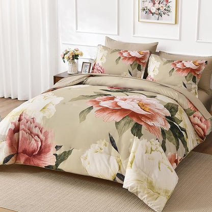 Dobuyly Queen Comforter Set 7 Piece Bed in a Bag, Pink Floral Printed on Khaki Comforter Set with Sheets, Soft Microfiber Botanical Farmhouse Bedding Set for All Season