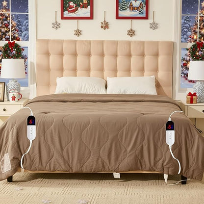 Electric Blanket Queen Size - Dual Control Heated Blanket Queen Size, Fast Heating with 10 Time Settings & 6 Heat Settings, Warm Gift (Khaki, Queen/Full 90" x 90")