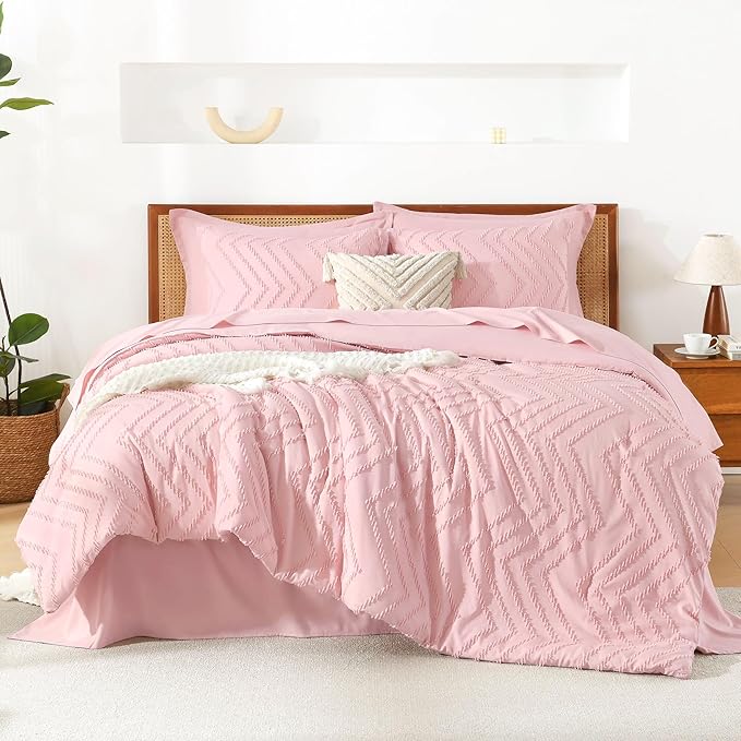 Litanika Pink King Size Comforter Set with Sheets - 7 Pieces Bed in a Bag King Boho Tufted Complete Bedding Sets with Comforter, Sheets, Pillowcases & Shams