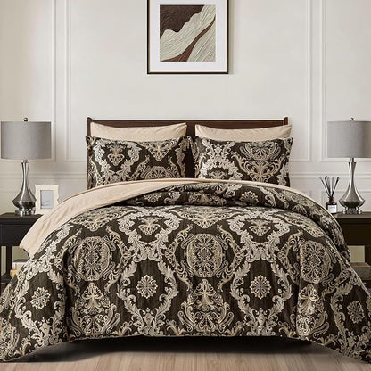 WONGS BEDDING 7 Pieces Comforter Set Queen Size,Damask Texture Design Bed in a Bag Bedding Sets,Brown Soft Lightweight Microfiber Bedding Set for All Season