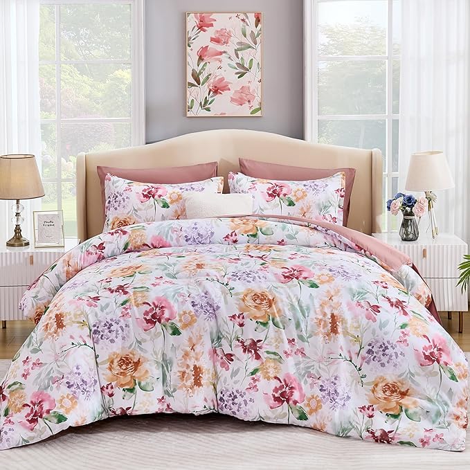 Luxudecor Floral Comforter Set Queen Size 7 Pieces Bed in a Bag, Dusty Rose Pink Flower Watercolor Bed Set, Soft Comforter with Sheet Set 90"x90"