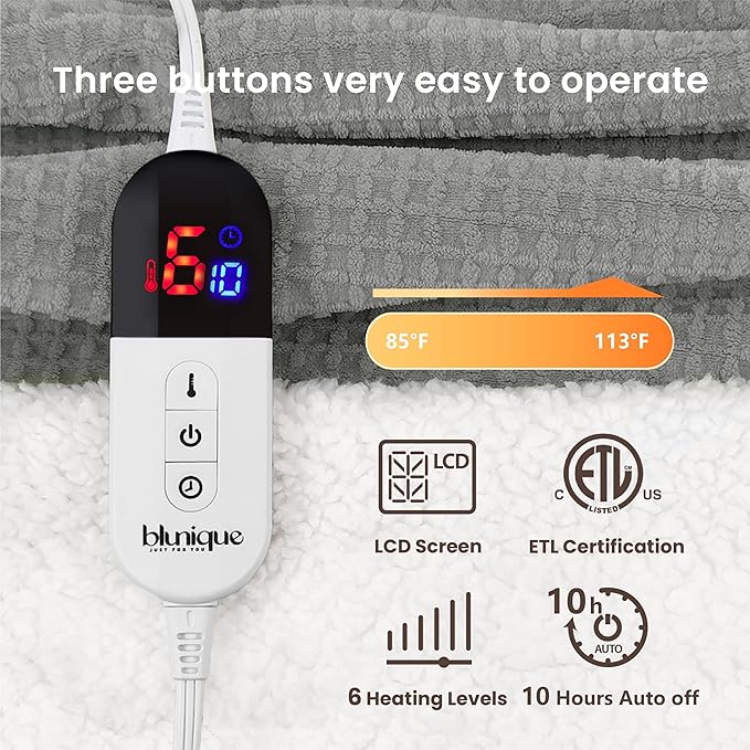Heated Blanket Electric Blanket Twin Waffle, 62x84 Inches Sherpa Fleece Fast Heating Blanket 6 Heating Levels & 10 Hours Auto Off ETL Certification, Grey Twin