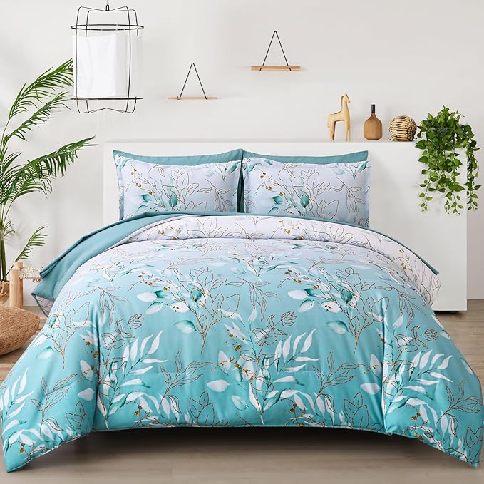 WONGS BEDDING Aqua Comforter Set King Size, 7 Pieces Aqua Botanical Bed in a Bag Comforter Complete Golden Leaves Gradient Bedding Bedding Set for All Season with Sheets,Pillowcases & Shams