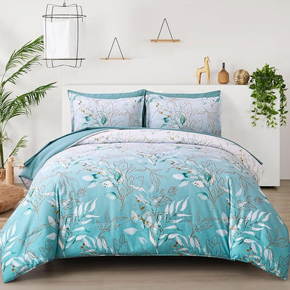 WONGS BEDDING Aqua Comforter Set King Size, 7 Pieces Aqua Botanical Bed in a Bag Comforter Complete Golden Leaves Gradient Bedding Bedding Set for All Season with Sheets,Pillowcases & Shams