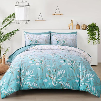WONGS BEDDING Aqua Comforter Set Full Size, 7 Pieces Aqua Botanical Bed in a Bag Comforter Complete Golden Leaves Gradient Bedding Bedding Set for All Season with Sheets,Pillowcases & Shams