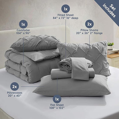 Nestl California King Comforter Set 7 Piece - Pintuck Cal King Comforter Set Grey, California King Bed in a Bag, All Season Bed Set with Flat Sheet and Fitted Sheet, Pillowcases and Shams