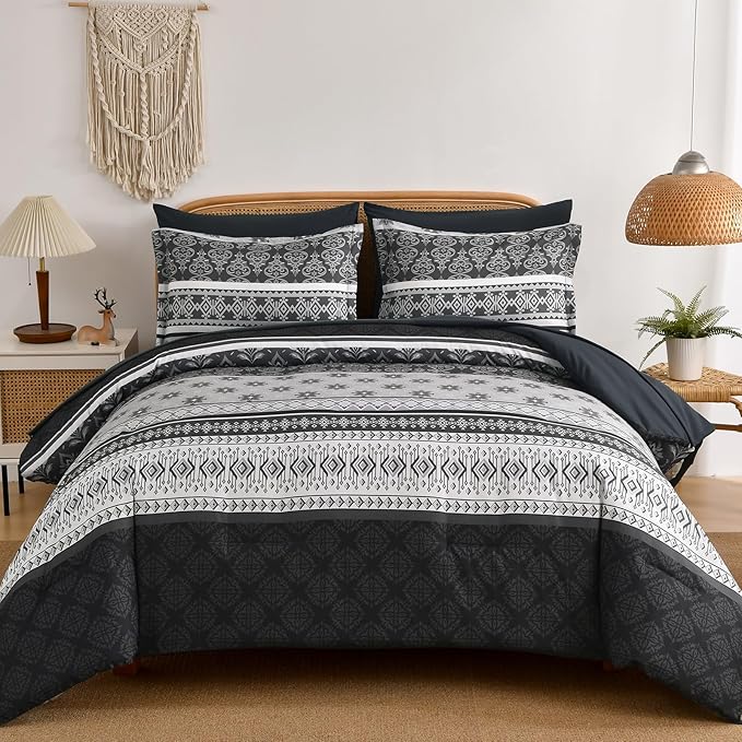 Comforter Set King Size Boho,7 Pieces Bohemian Bedding Comforter Set Striped Bed in a Bag,Dark Grey Paisley Floral Comfortet and Sheet Set,Soft Black Gray Bedding Sets for All Season