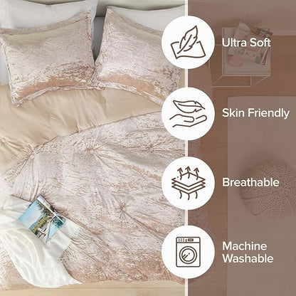 Comfort Spaces Luxe King Comforter Set - Velvet Comforters for King Size Bed, Microfiber Reverse, Juliette, All Season Bedding, Fluffy Bed Set, Sham, Champagne 3 Piece