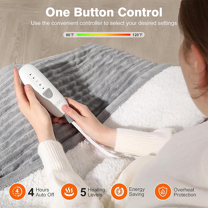 Electric Throw Heated Throw 50''x60'', Striped Flannel & Thicker Sherpa, 5 Heat Settings & 4 Hour Auto Off with FCC/ETL Certified, Overheat Protection & Machine Washable, Great Gift, Light Grey