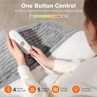 Electric Throw Heated Throw 50''x60'', Striped Flannel & Thicker Sherpa, 5 Heat Settings & 4 Hour Auto Off with FCC/ETL Certified, Overheat Protection & Machine Washable, Great Gift, Light Grey