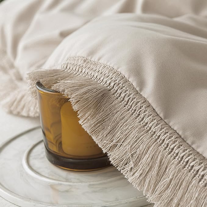 Andency Oatmeal Comforter Set Full Size, 3 Pieces Boho Tassel Lightweight Bedding Comforter Sets, All Season Soft Fluffy Fringe Bed Set (79x90In Comforter & 2 Pillowcases)