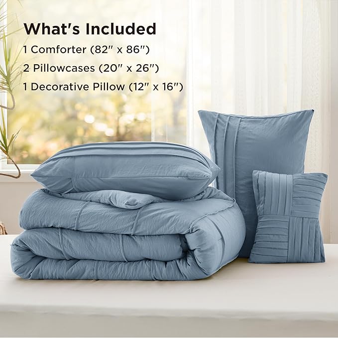 Bedsure Full Comforter Set - 4 Pieces Pinch Pleat Bed Set, Light Blue Boho Bedding for All Season, 1 Soft Comforter, 2 Pillowcases, 1 Decorative Pillow