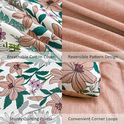 Elegant Blush Floral Cotton Comforter King Size - 3PC Lightweight Bedding Sets with Ultra-Soft Alternative Fill, Cozy Tropical Bloom Reversible Design (1 Comforter, 2 Pillowshams)