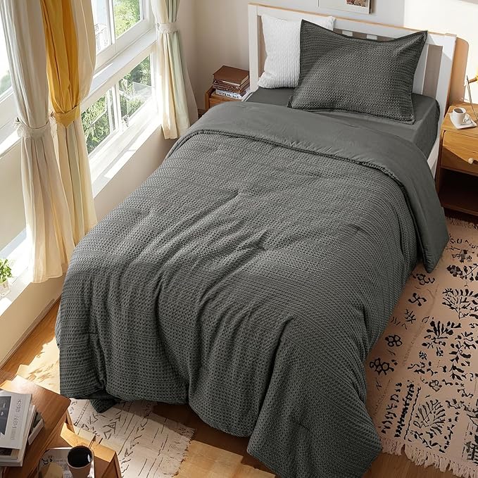 PHF Soft Waffle Comforter Set Twin Size- Comfy Breathable Waffle Weave Comforter with 1 Pillow Shams, 2 Pieces Less Snagging Lightweight Textured Bedding Set for All Season, Grey